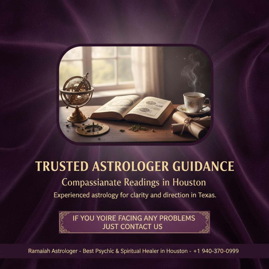Vedic astrology charts and astrological tools on desk in Houston ambiance