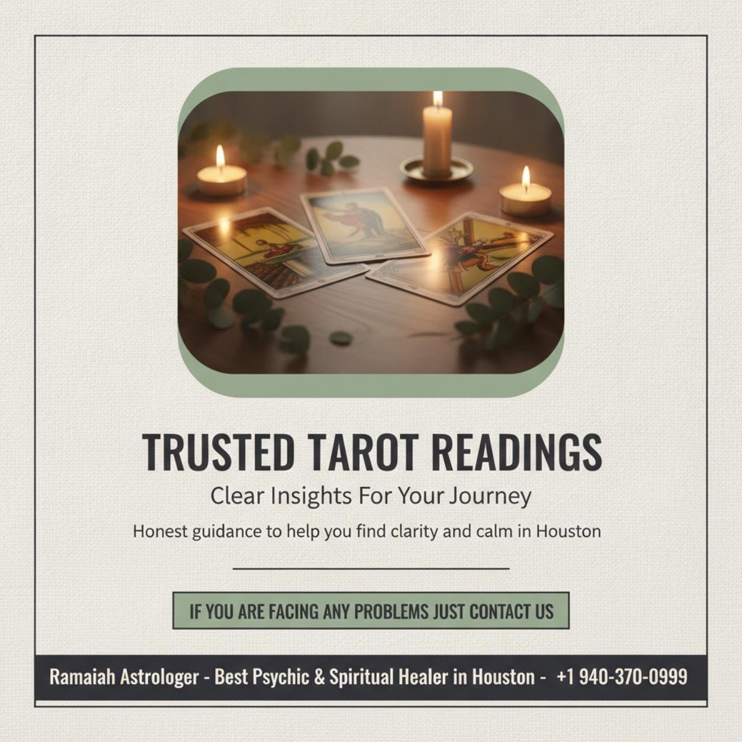 Tarot card reading setup with candles on wooden table Houston TX