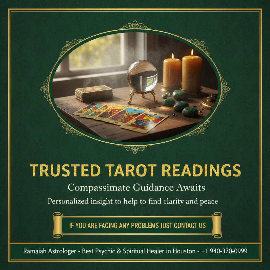 tarot card reading setup with cards and crystals in The Woodlands scene