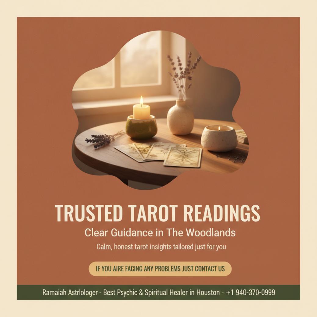 Softly lit tarot reader table with cards in The Woodlands TX