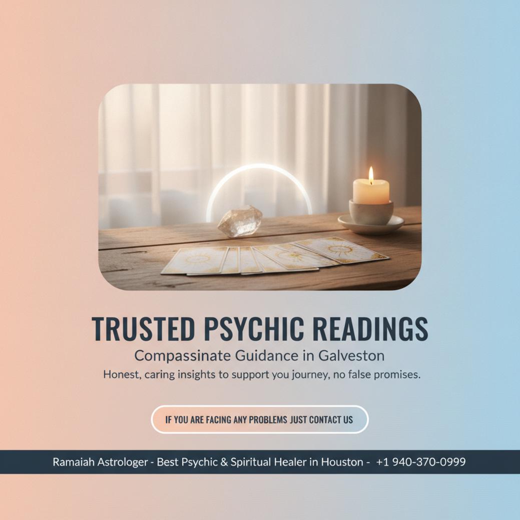Soft lit tarot card and crystal setup for best psychic in Galveston TX