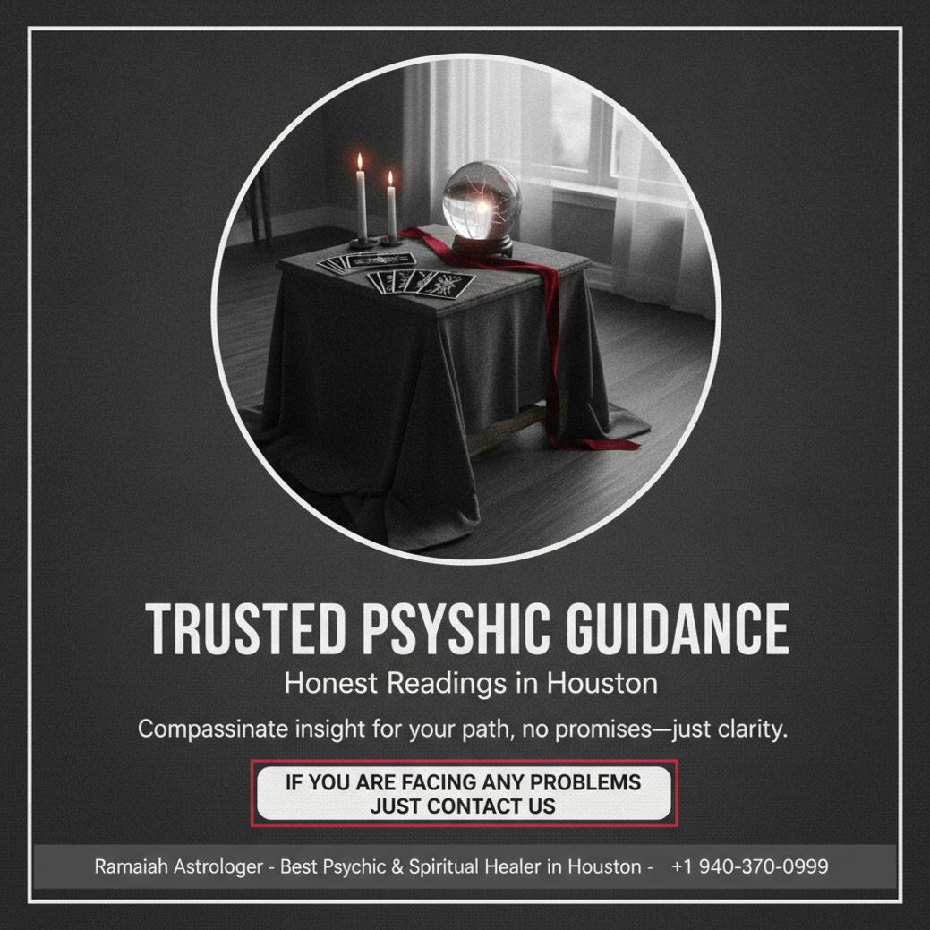 How to Find the Best Psychic in Houston, TX with Ramaiah Astrologer Calm spiritual reading setup with tarot cards and crystals in Houston TX
