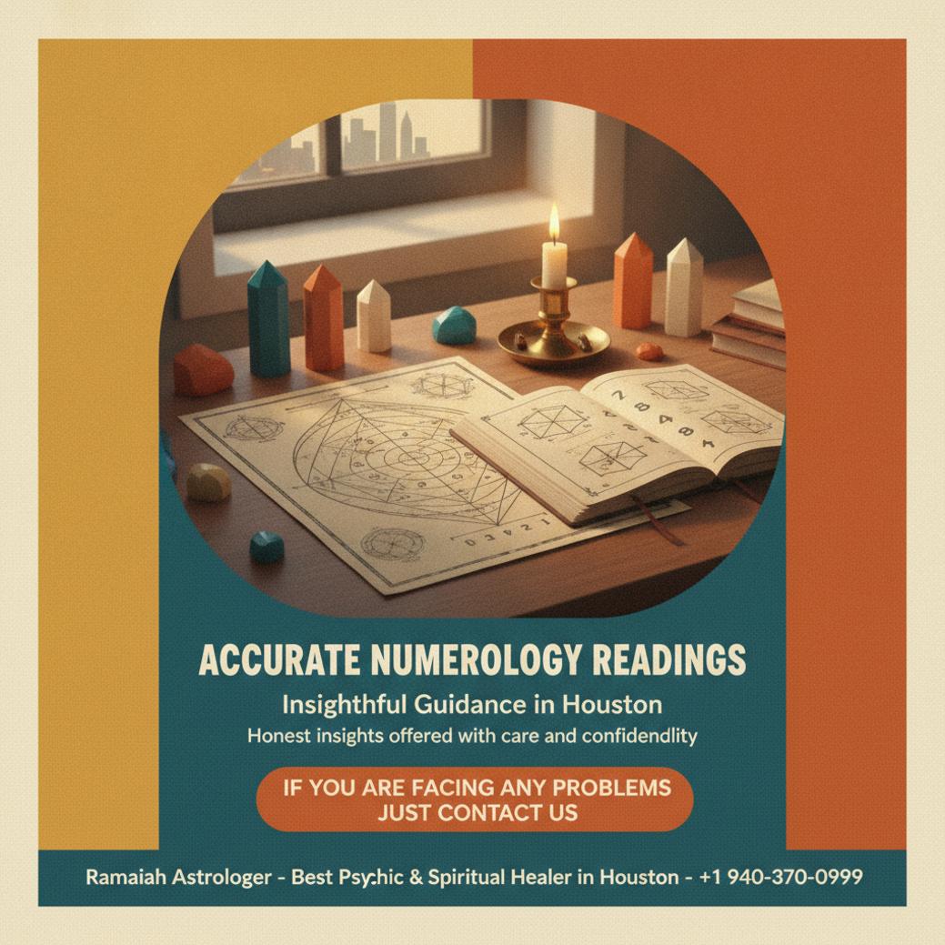 Numerology reading tools on wooden desk in Houston spiritual studio