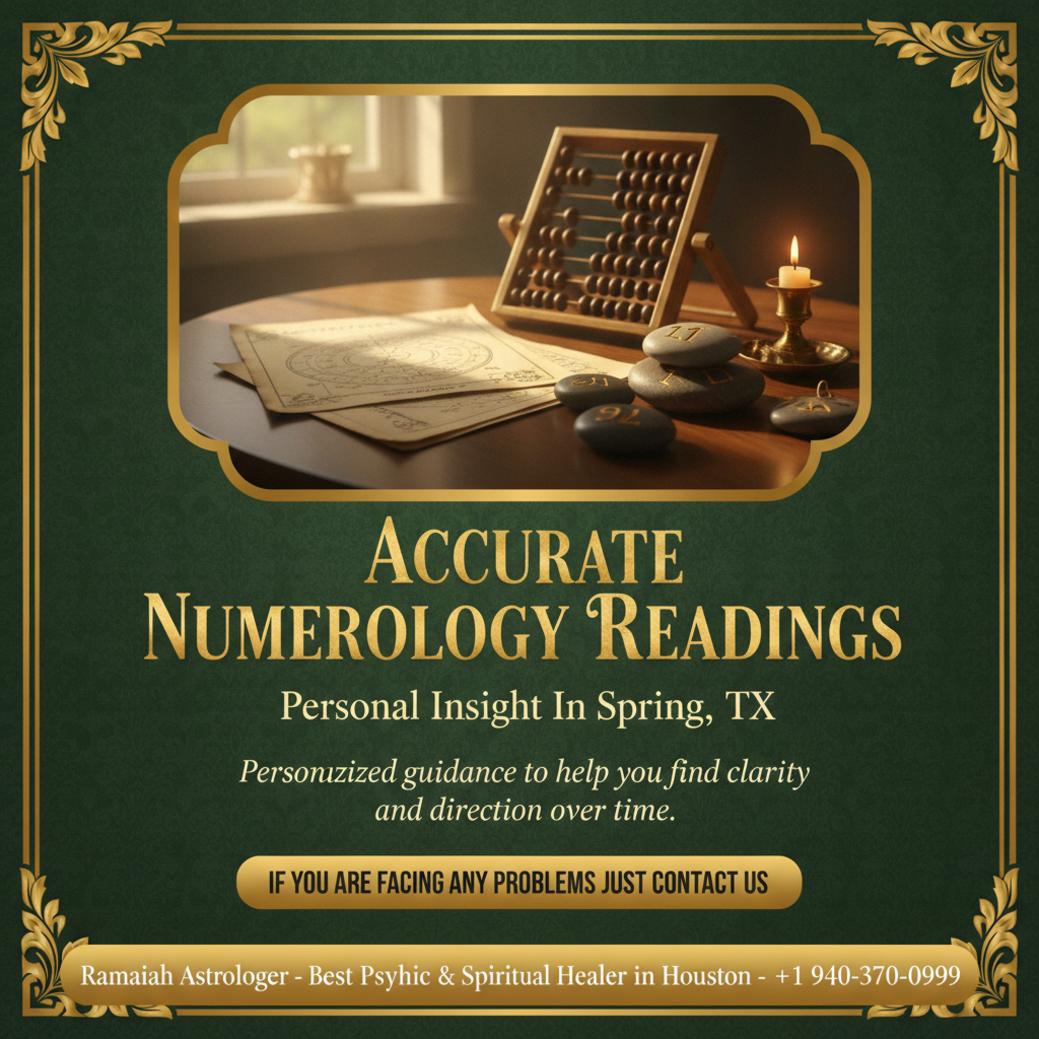 Numerology reading setup with charts and stones softly lit in Spring TX