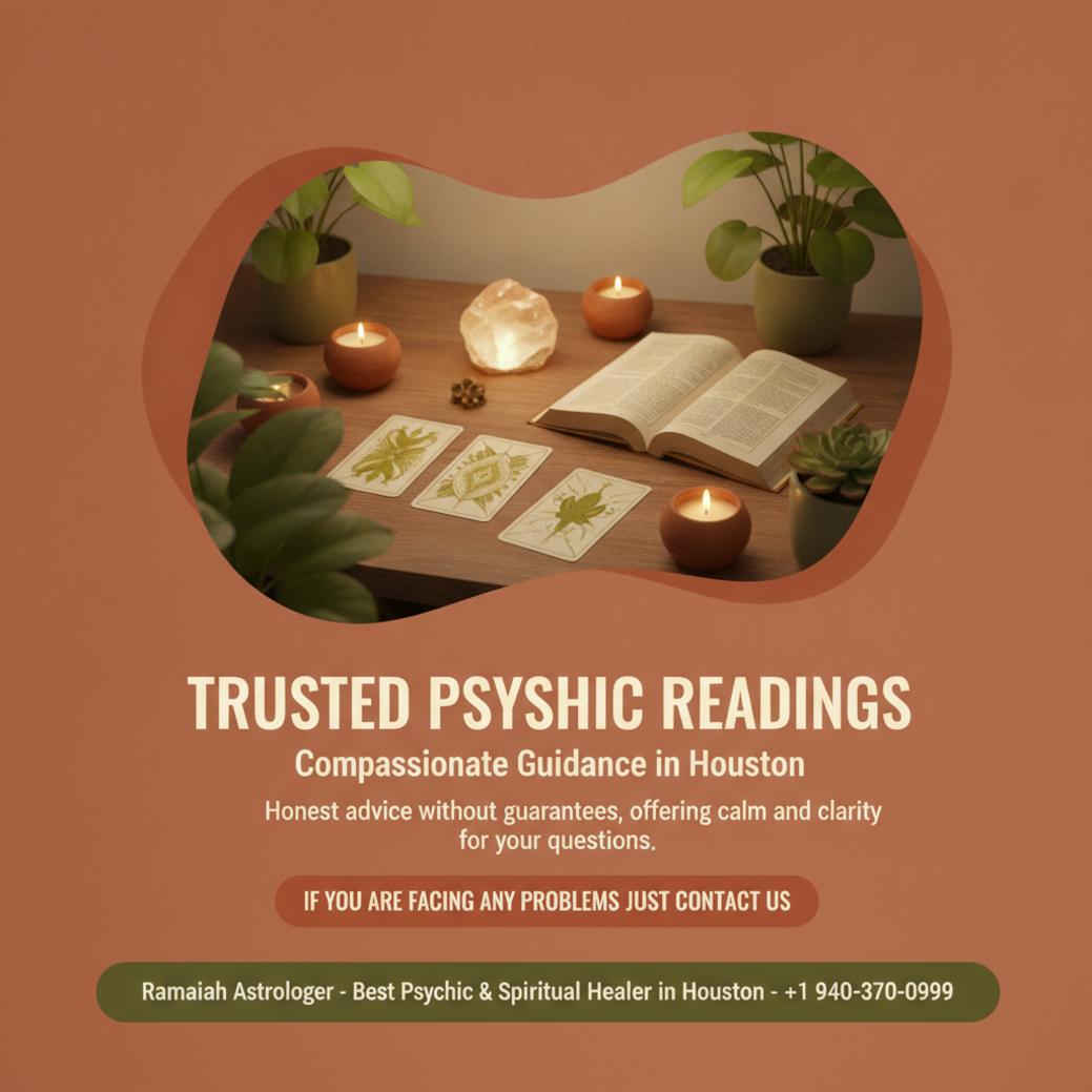 How A Psychic in Houston Can Help You Find Clarity Today Spiritual table with tarot cards and Vedic astrology books, psychic in Houston