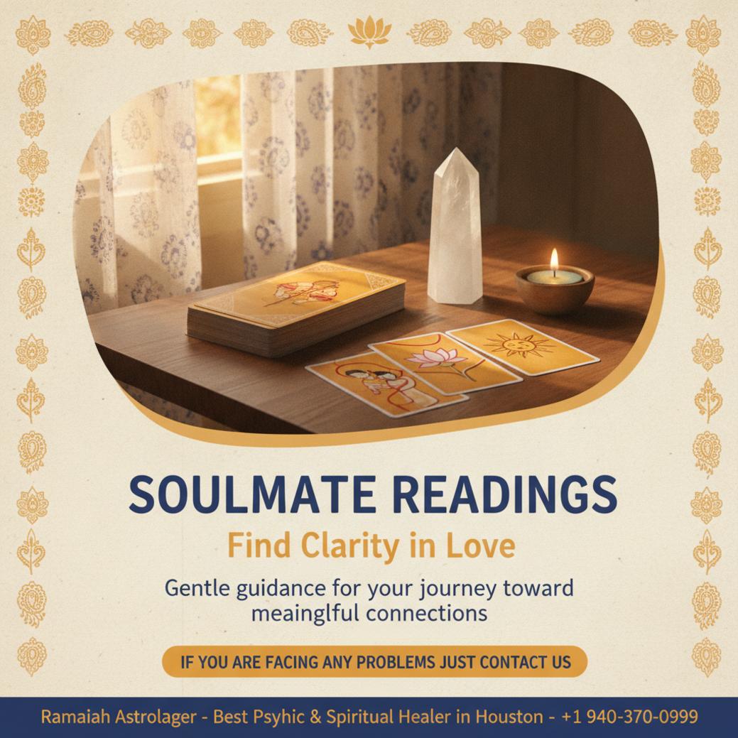 Calm table setup for soulmate reading in San Antonio with tarot and crystals