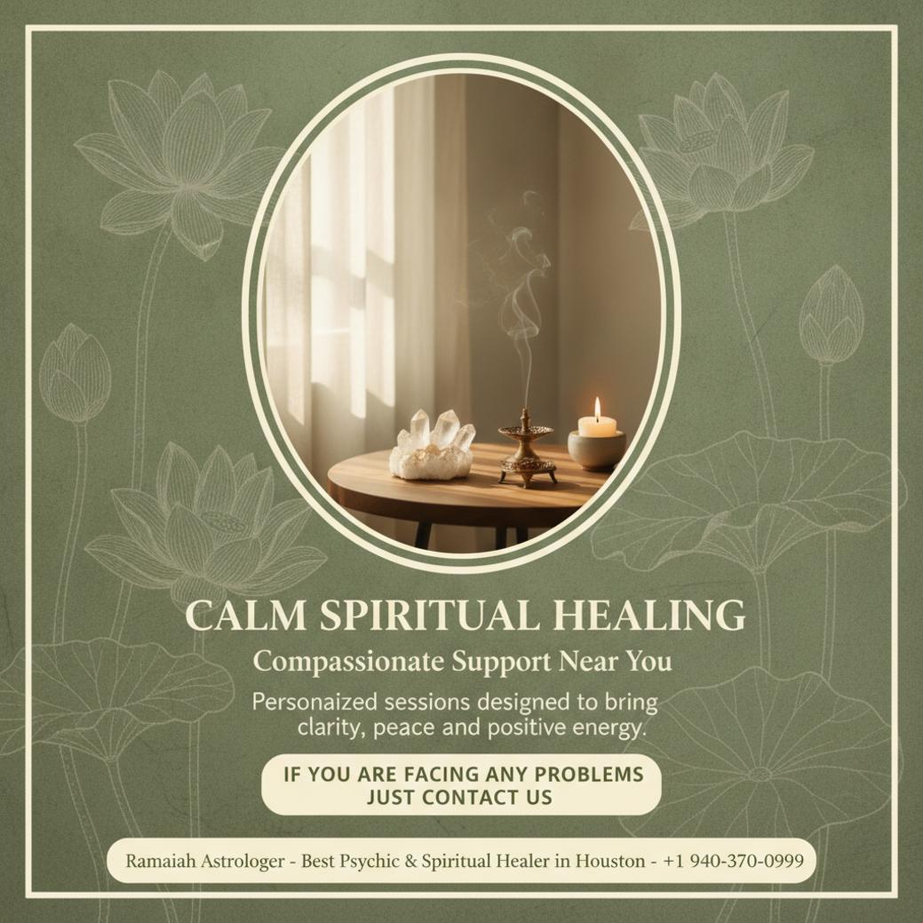 Calm spiritual healer setup with crystals and candle Houston