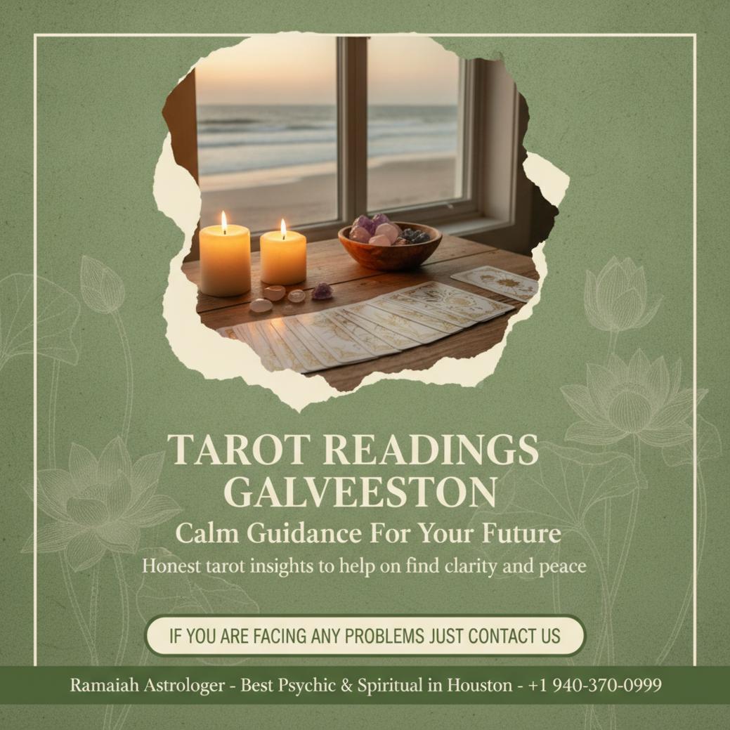 Tarot card reading setup with candles and crystals in Galveston, TX