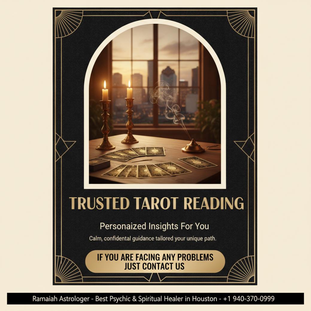 Wooden table with tarot card reading setup in Houston studio