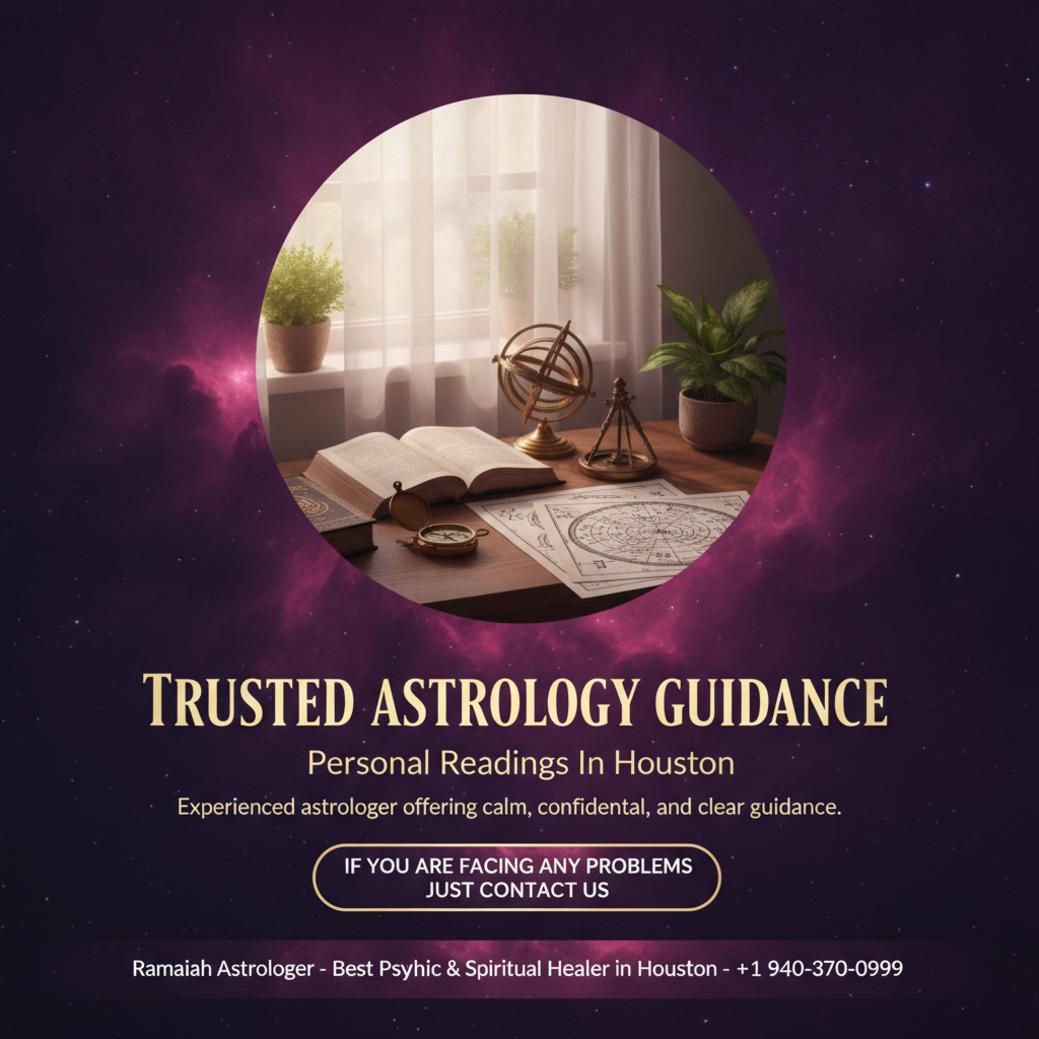 Calm workspace with astrology books and birth charts for best astrologer Houston TX