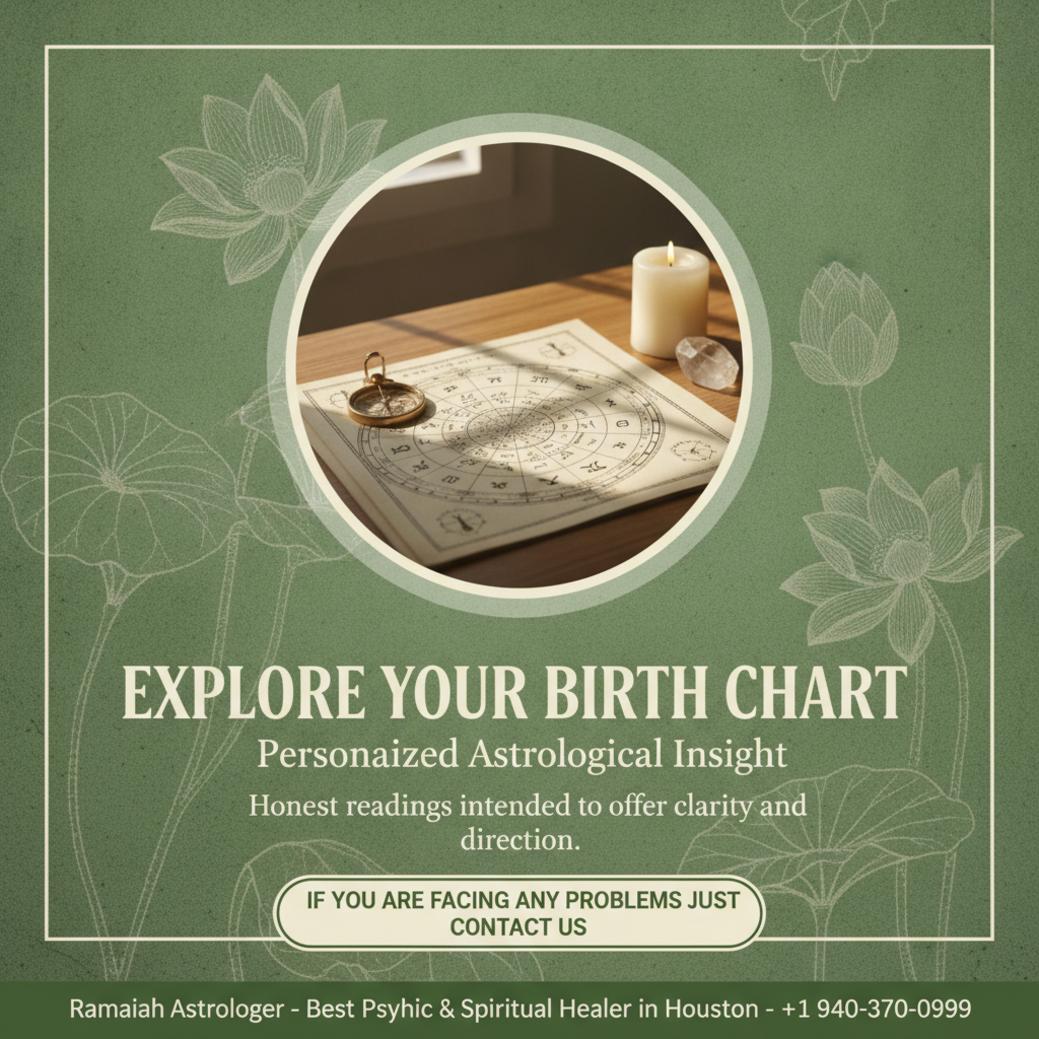 Birth chart reading materials and crystals on wooden desk Tomball TX