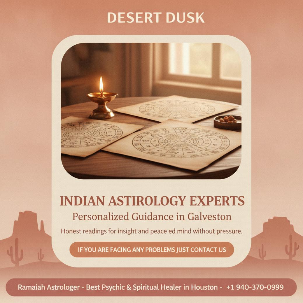 Traditional Indian astrologer charts and lamp setup in Galveston, TX studio