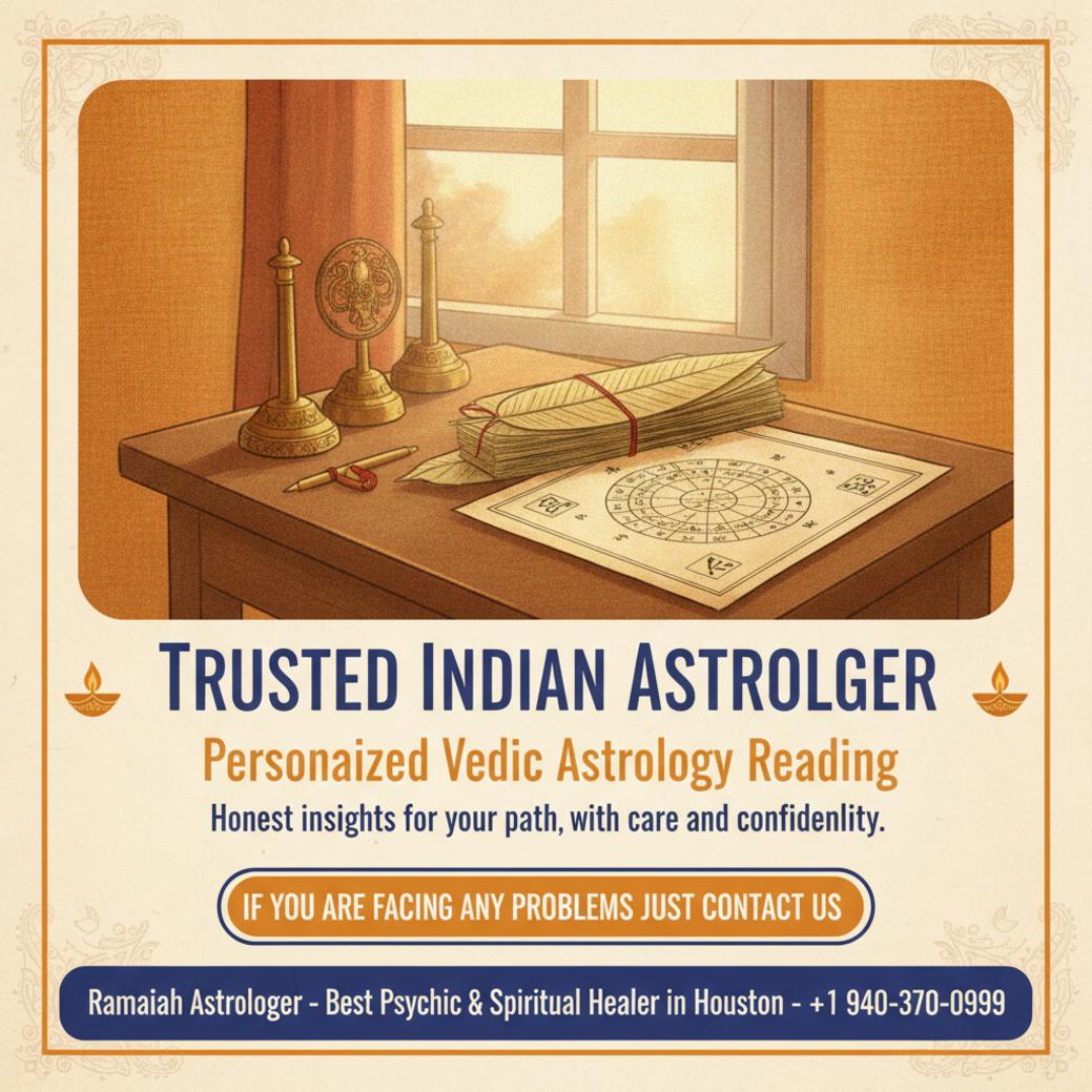 How an Indian Astrologer in Houston Can Help You Find Clarity Indian astrologer tools and kundli chart on wooden desk Houston TX