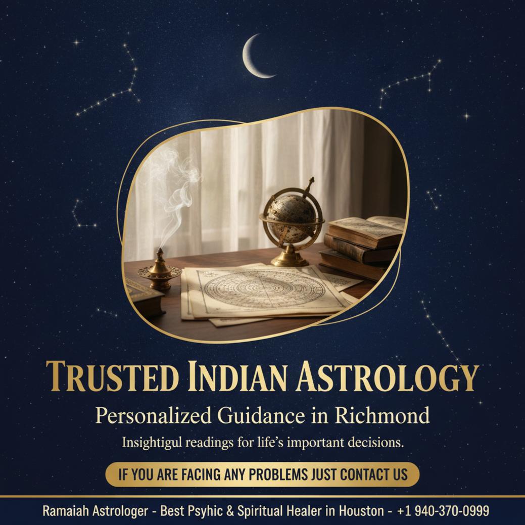 Vedic astrology charts and spiritual tools on a desk in Richmond, Texas
