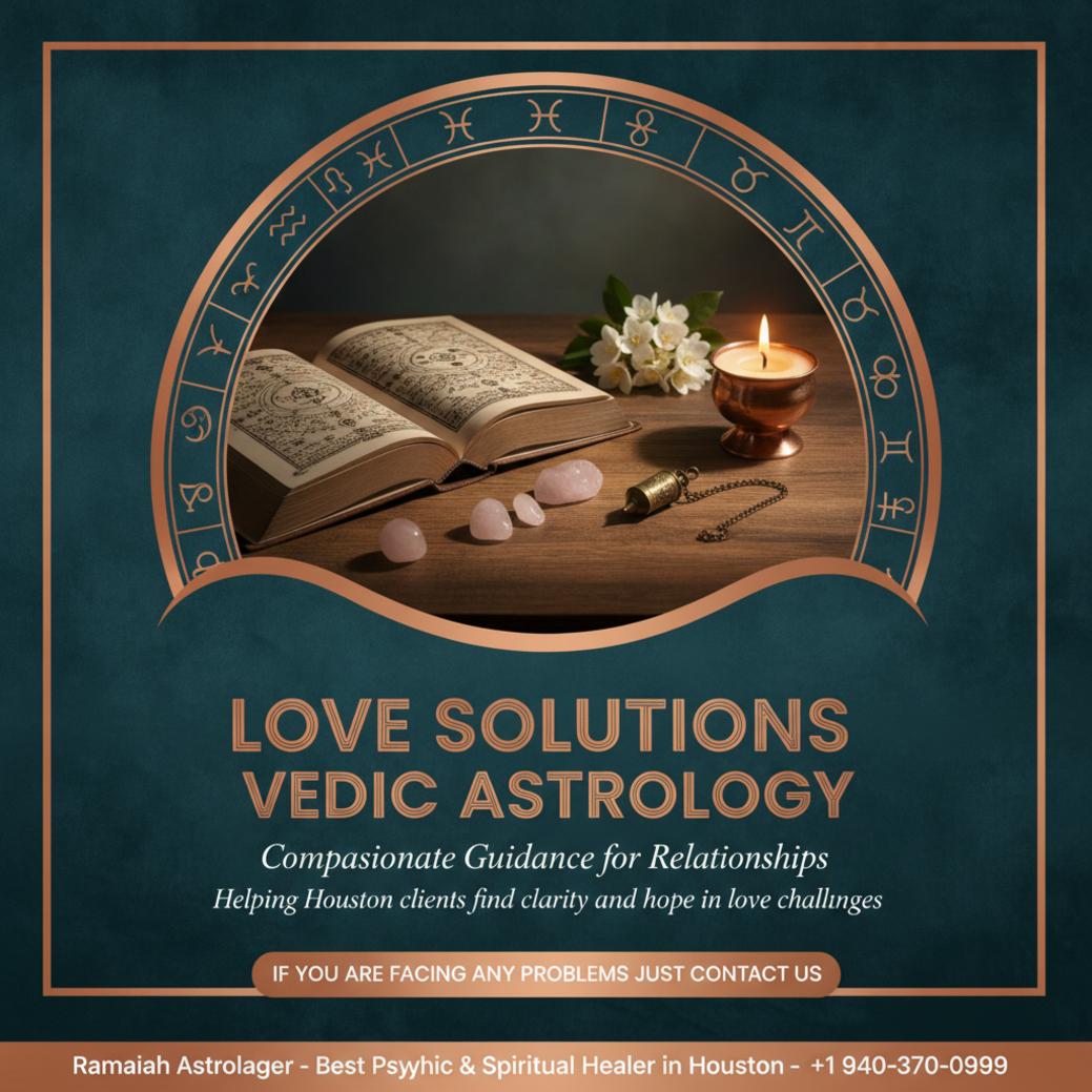 Vedic astrology tools with rose quartz crystals on wooden table Houston