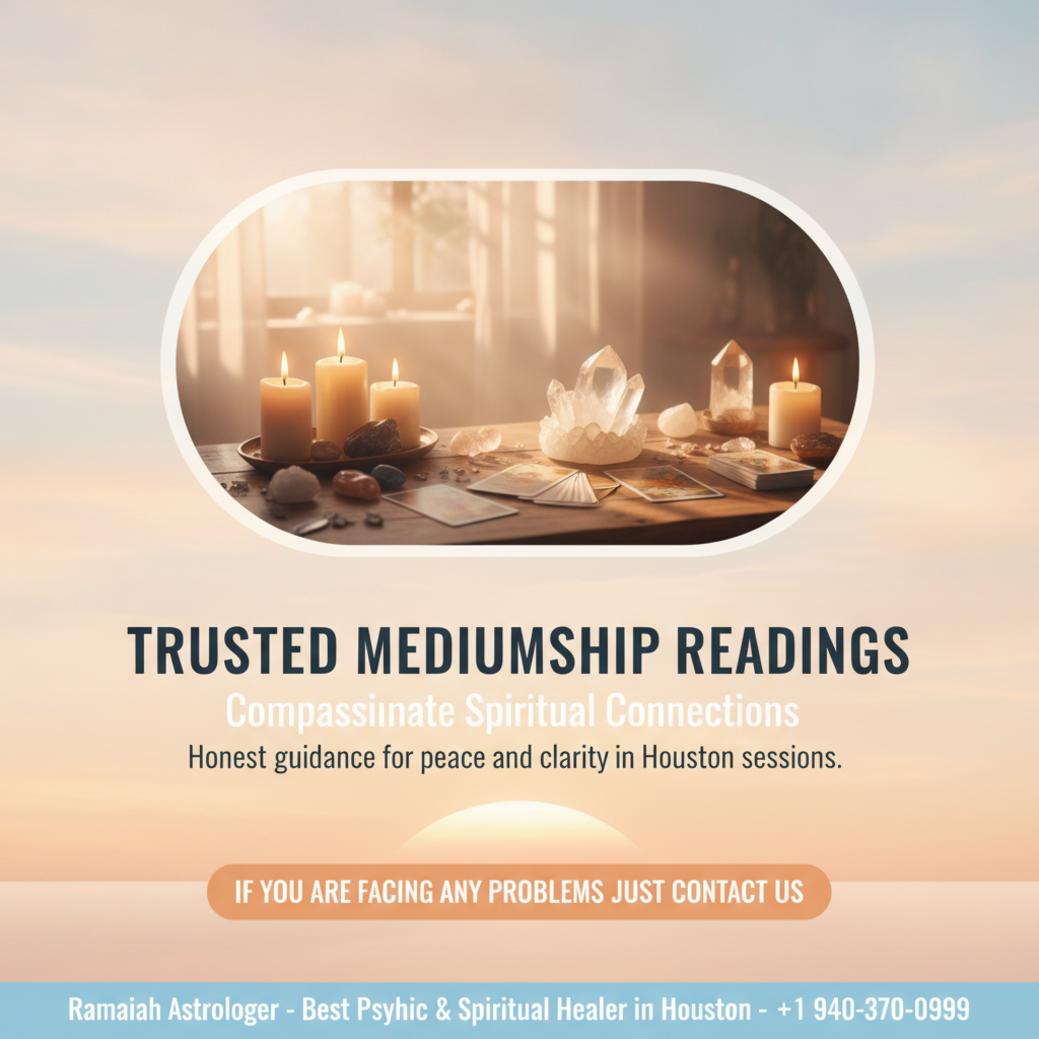 Calm mediumship reading session setup in Houston TX room with candles and crystals