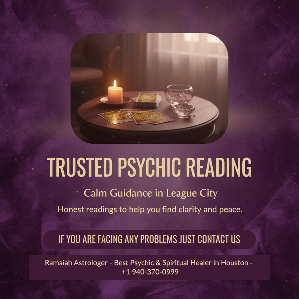 Calm psychic reading setup with tarot cards and candle in League City